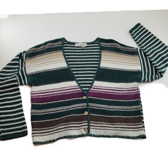 VTG Paris Sport Club Cardigan Sweater Women's S Green Stripe Ramie Cotton EUC - Picture 1 of 16